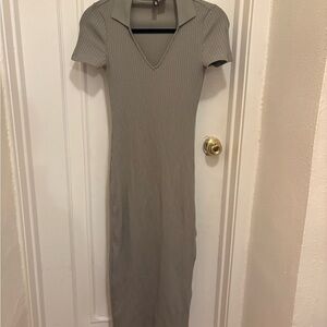H&M Pale Green Ribbed Midi Dress with Collar